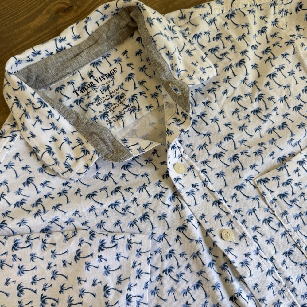 Taylor Vintage Men's‎ Large White Blue Palm Tree Short Sleeve Button Up Shirt